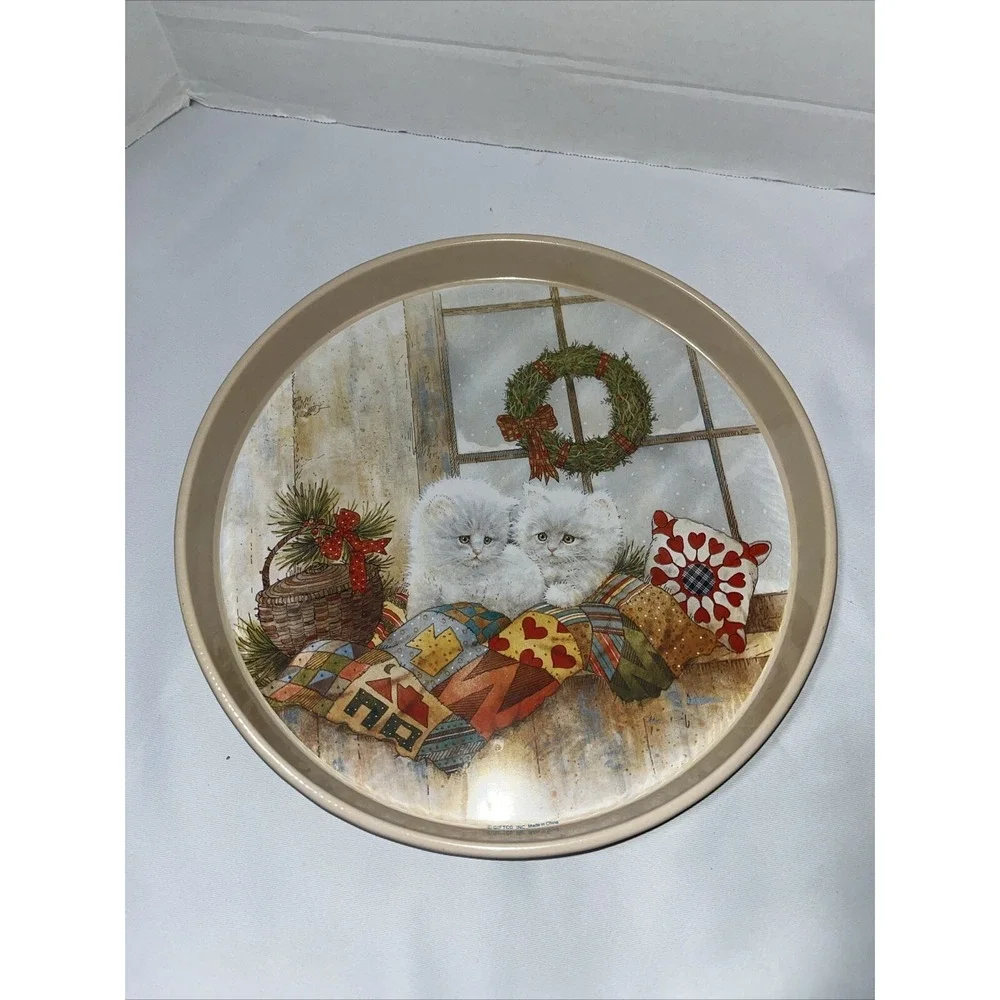 Christmas Metal Tin Giordano Cookie Serving Tray Plate Kittens, Wreath , Pillows